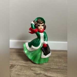 Vintage 1977 Festive Green Holiday Figurine caroller girl lady shelf sitter